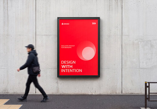 Outdoor Poster Mockup on Concrete Wall with Walking Man
