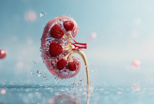 A detailed 3d medical illustration of a human kidney organ showing internal anatomy with floating particles on a soft blue background