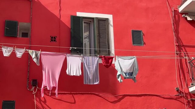 Colorful house facade with clothes hanging out on wind to dry on a laundry line in a traditional Italian town, authentic lifestyle.