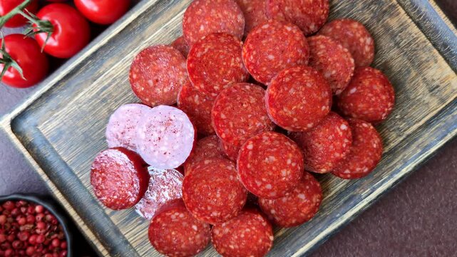 Slices of smoked pepperoni or salami for making homemade pizza. Sliced pepperoni as a food background for your design