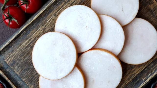 Slices of boiled chicken or pork sausage as an ingredient for home cooking. Sliced boiled sausage as a food background for your design