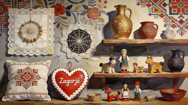 Traditional Croatian craft museum display with lace, licitar hearts, wooden toys and pottery, heritage illustration