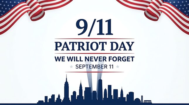 911 patriot day banner with american flag and new york city skyline silhouette isolated on white background