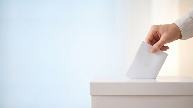 Hand casting a ballot into a voting box in a bright environment  