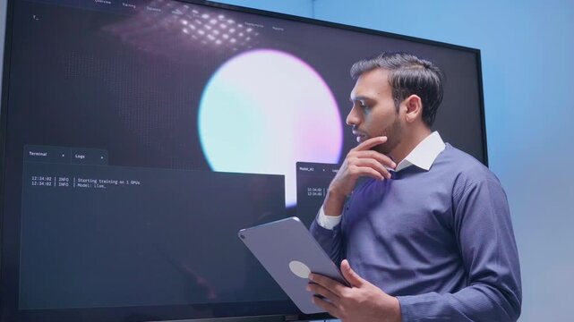 Software engineer reading code on computer screen and use digital tablet analysis data cyber security. Programmer develops using technology artificial intelligence verifying coding on dashboard tech