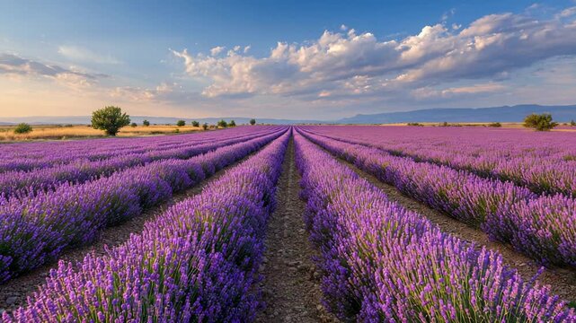 Endless lavender field with blooming purple flowers beneath dramatic cloudy sky at golden sunset landscape