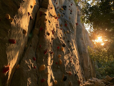 Sunset Over Rock Climbing Wall with Colorful Holds for Outdoor Adventure and Sport