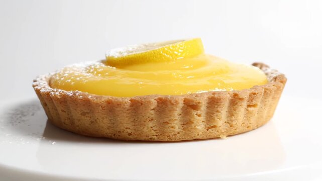 Close-up of a freshly made lemon tart with powdered sugar and lemon slice on white plate
