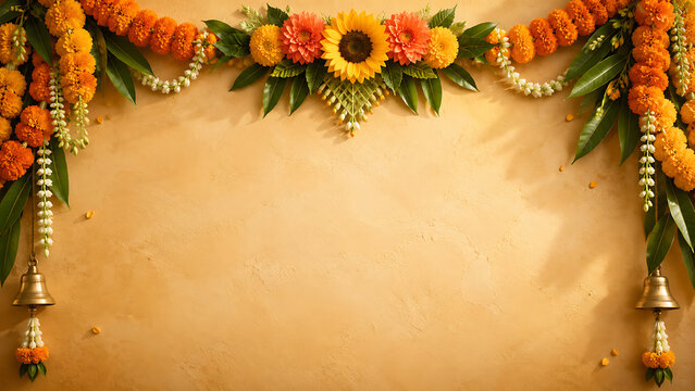 Happy onam floral garland background with marigolds mango leaves bells and copy space for south indian festival in kerala celebration design template
