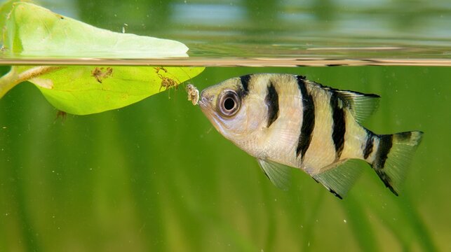 cyclotis. Archerfish aiming at an insect above the water surface. wildlife magazines, conservation campaigns, designed for nature documentaries and education, supports conservation.