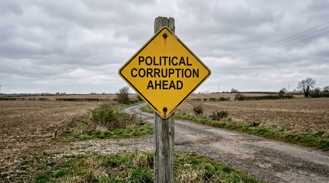 Yellow diamond shaped metal road sign warning of political corruption ahead on a rural country road
