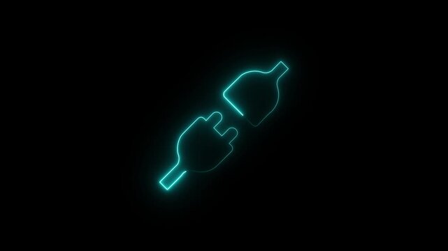 Cyan neon outline of two electrical plugs connecting electricity connection. Motion Graphic. 4k video animation