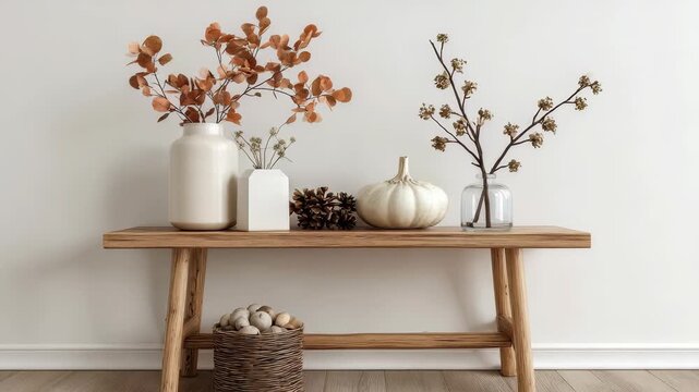 Stylish fall inspired still life featuring natural elements and simple design on a wooden bench against a white wall. Perfect for contemporary home decor, seasonal trends, and autumn mood boards
