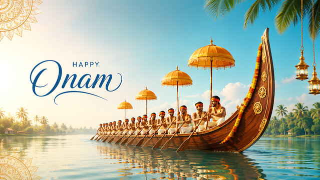 Happy onam traditional snake boat rowers beneath golden parasols on backwaters celebrating south indian festival in kerala with tropical scenery and heritage