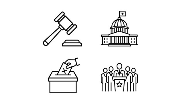 Government Law And Politics Icon Set Featuring Judge Gavel Capitol Building Voting Box And Politician Speech Vector