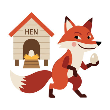 Cute sly fox stealing an egg from a henhouse chicken coop cartoon illustration