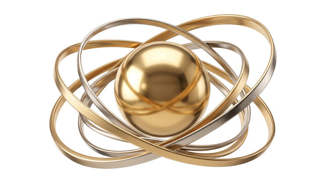 Golden atom model with metallic rings, 3d render of a polished gold sphere and silver orbits, luxury scientific concept on white background