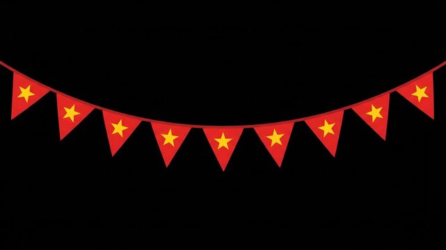 Red Vietnamese bunting flags with yellow stars hanging on black background for holiday celebration.