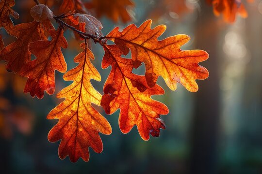 Serene fall scenes: oak leaves in radiant sunlit bokeh. Opulent look. Radiant fall landscape: vivid oak leaves, acorns, and a tranquil stream. Designer fashion. Advertising photo.