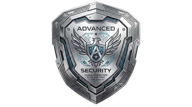 Futuristic metallic security shield with eagle emblem, advanced cyber protection badge, chrome armor crest for digital safety and defense software