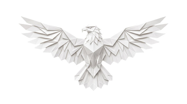 Origami eagle with spread wings, white paper bird sculpture in low poly style, geometric eagle silhouette isolated on white background
