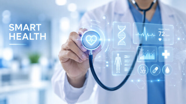 Doctor hands using digital health diagnostic interface icons