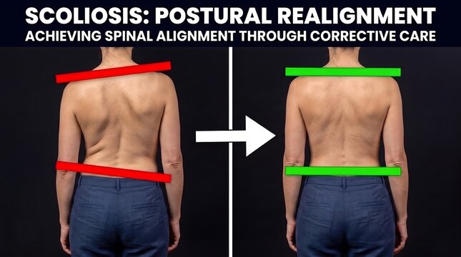 Scoliosis postural realignment comparison showing spinal alignment improvement through corrective care