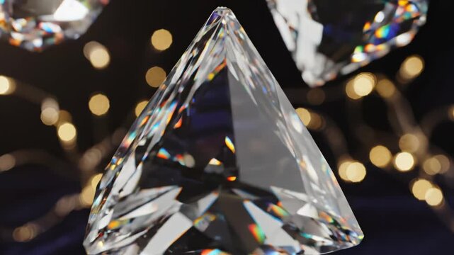 Sparkling Diamonds Rotating on Dark Velvet with Bokeh Lights, Macro Slow Motion