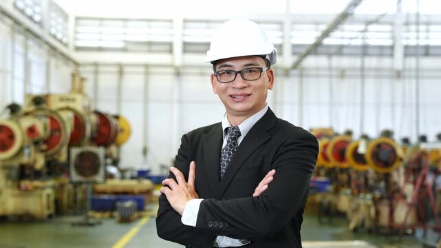 Self assured engineer wearing a hard hat at an industrial site demonstrating skill and professionalism in their field