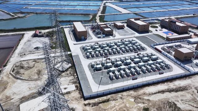Aerial view of a large-scale energy storage station adjacent to salt pans and power infrastructure