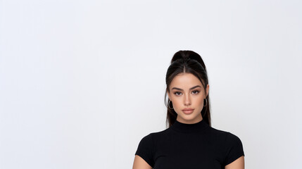 Fototapeta premium woman with sleek black ponytail portrait, minimalistic beauty portrait of attractive woman, fashionable latina woman with elegant style and confidence