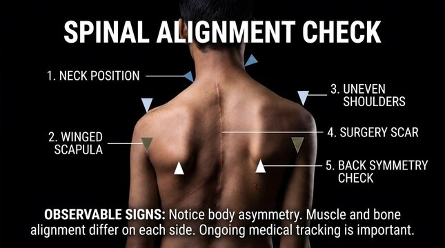 Educational diagram displaying spinal alignment check on a male back with medical labels with markers medical signs