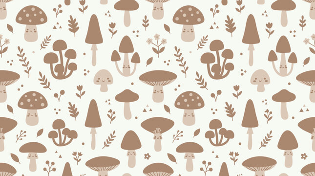 Seamless Mushroom Pattern Illustration - Cute Fungi and Botanicals Textile Design