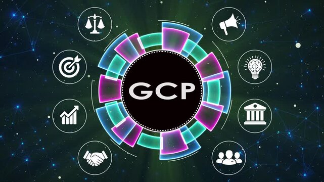 GCP logo animation, cloud computing technology, digital network background concept.