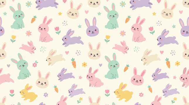 Cute pastel bunny rabbits and carrots seamless pattern, Easter background