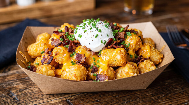 crispy tater tots smothered in melted cheddar cheese and topped with bacon bits, sour cream, and chives.