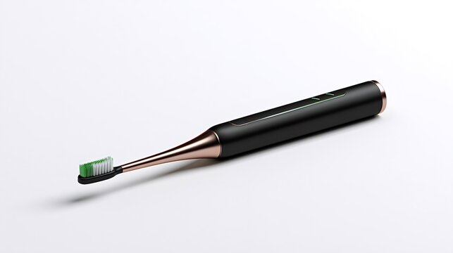 Electric toothbrush with a black handle and rose gold accents for oral hygiene, promoting clean teeth and fresh breath against a white background