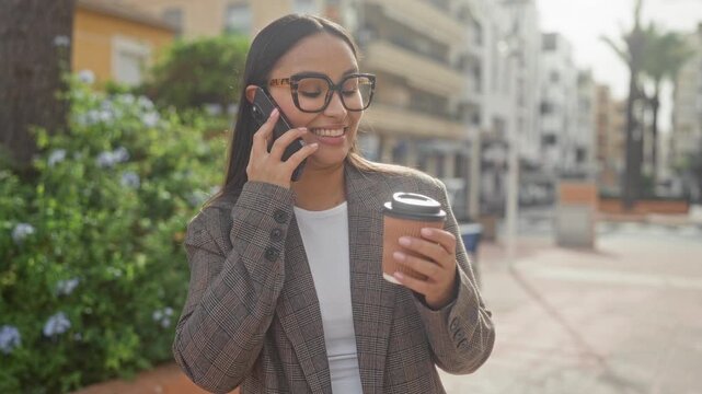 Woman holds smartphone to ear and a takeaway coffee cup, wearing glasses and blazer on a street; casual routine relaxed.