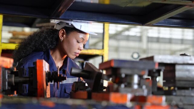 Focused female engineer in industrial setting analyzing machinery with safety gear and professional demeanor