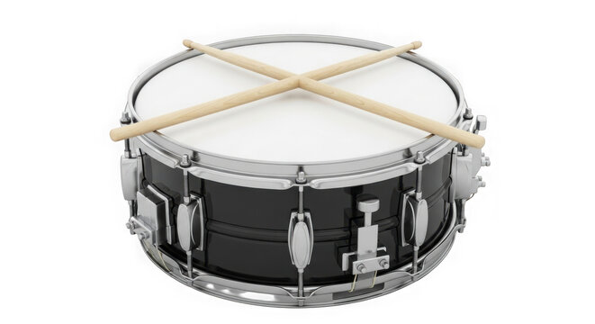 Black snare drum with two wooden drumsticks crossed on top isolated on transparent background