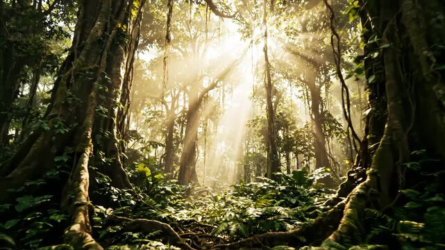 Sunlight Rays Piercing Through Dense Tropical Rainforest Canopy at Dawn
