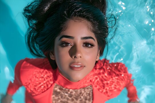 Beautiful young woman with dark hair floating peacefully in bright turquoise pool water wearing a stylish coral colored swimsuit top
