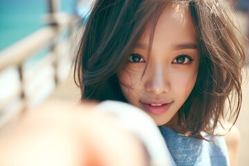 Obraz premium Beautiful young Asian woman looking directly into camera with soft natural sunlight on her face while standing near blue ocean