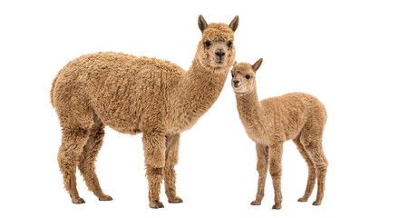 Naklejka premium Mother and baby alpaca standing together on a white background