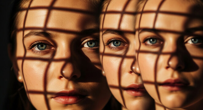 Close-up of female face with striking blue eyes and lips, cast in shadow and light grid pattern, symbolizing mystery and introspection, great for beauty and lifestyle concepts