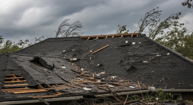 Damaged roof with missing shingles after a storm under dark, cloudy skies, construction materials failure concept, AI generated