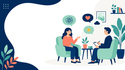 Fototapeta premium Two people sit in cozy chairs, engaged in conversation. Thought bubbles float above them, showing emotions and ideas. Soft colors and plants create a calming atmosphere. Ideal for therapy, counseling