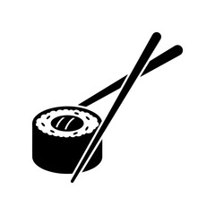 Black silhouette of a textured sushi maki roll with chopsticks, isolated on a white background, for japanese restaurant menu © shahin11