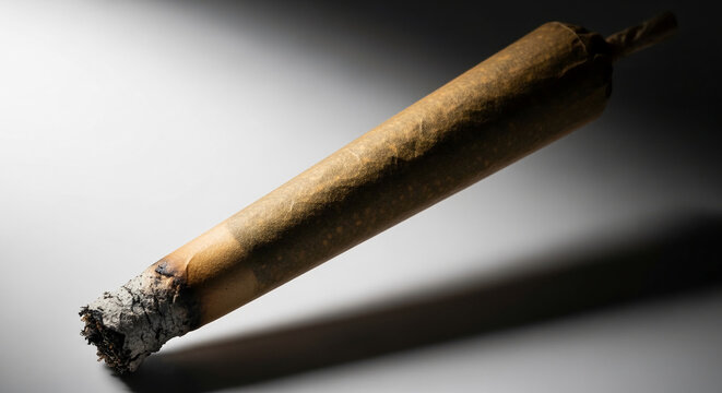 Close-up of a burning cigarette with ash and smoke, showcasing a moment of consumption, symbolizing addiction, relaxation, or a break