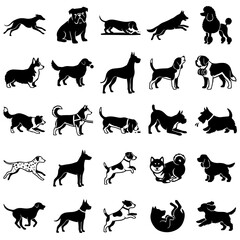 Obraz premium Collection of twenty-five black silhouette featuring various dog breeds in different poses on a white background, for pet projects